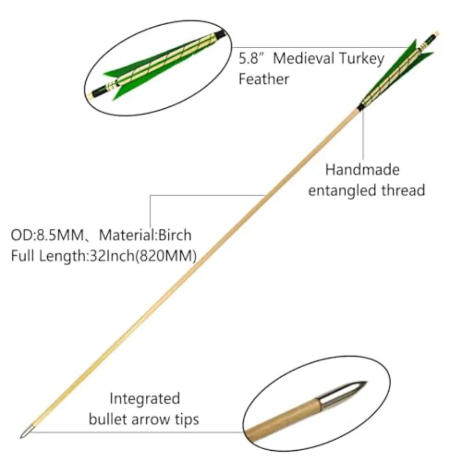 Archery Wooden Target Practice Arrows With Medieval Turkey Feather Fletching
