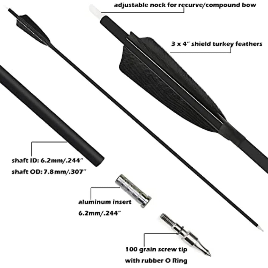 Carbon Archery Arrows With Turkey Feather Fletching And Removable Tips