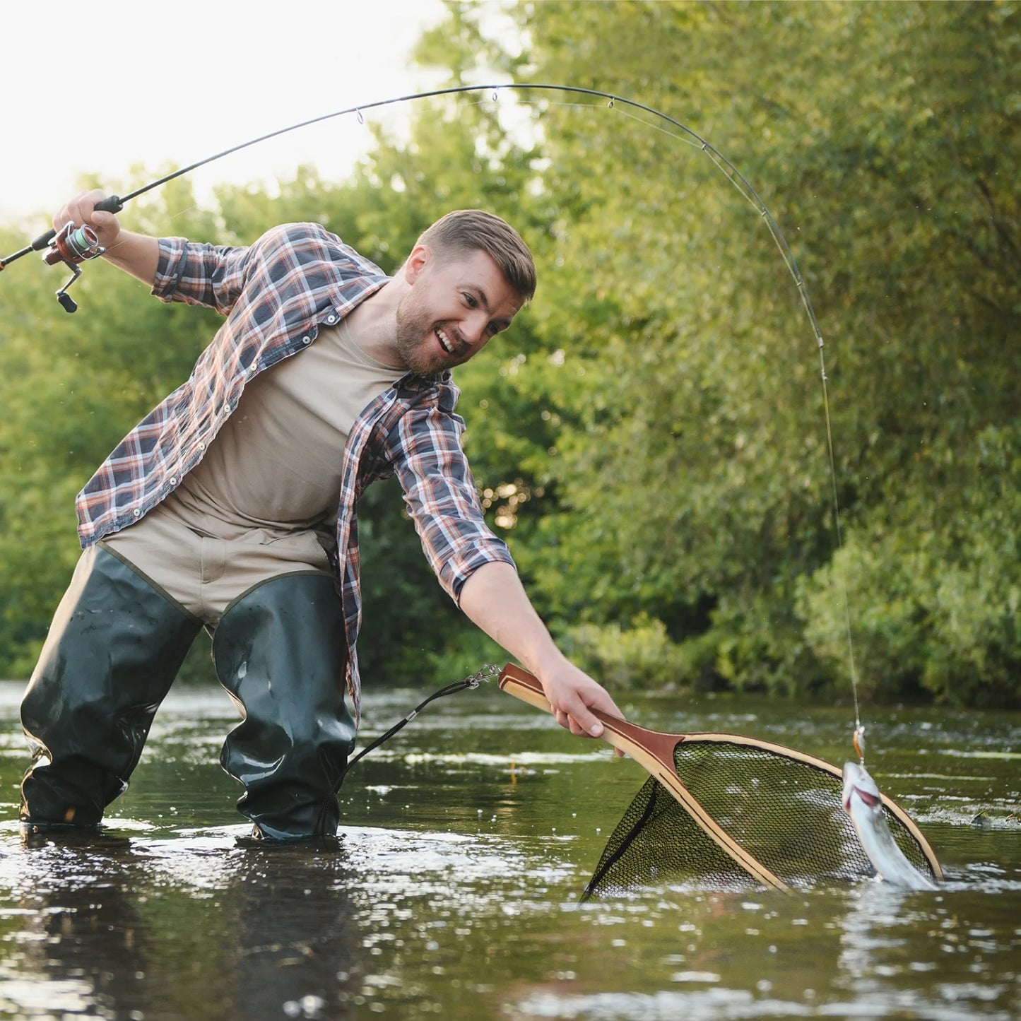 HiMISSH Fly Fishing Net Wooden Frame Trout Landing Net